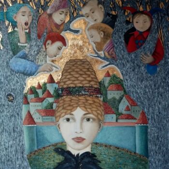Schilderij getiteld "Lady Q" door Julia Ozerova, Origineel Kunstwerk, Olie Gemonteerd op Houten paneel
