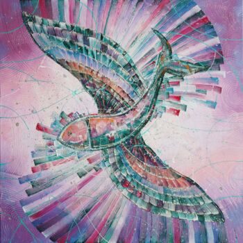 Painting titled "Flying Fish" by Julia Ptl, Original Artwork, Oil Mounted on Wood Stretcher frame