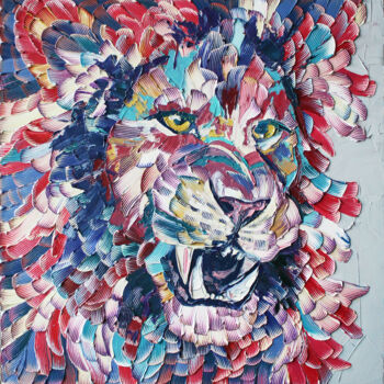 Painting titled "Lion" by Julia Ptl, Original Artwork, Oil Mounted on Wood Stretcher frame