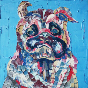 Painting titled "Pug" by Julia Ptl, Original Artwork, Oil Mounted on Wood Stretcher frame