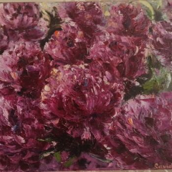 Painting titled "Peony composition" by Julia Savytskas, Original Artwork, Oil Mounted on Wood Stretcher frame