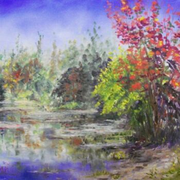 Картина под названием "Tree Tops Lake" - Julia Stevens, Подлинное произведение искусства