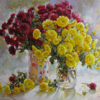 Картина под названием "Chrysanthemums" - Julia Tomesko, Подлинное произведение искусства, Масло