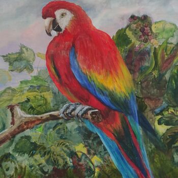 Картина под названием "Scarlet Macaw (Ara)…" - Julia Vedrina, Подлинное произведение искусства, Масло Установлен на Деревянн…
