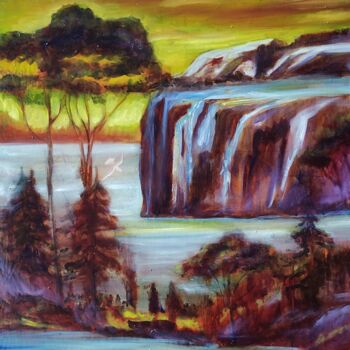 Painting titled "The Waterfall in th…" by Julia Vedrina, Original Artwork, Oil Mounted on Wood Stretcher frame