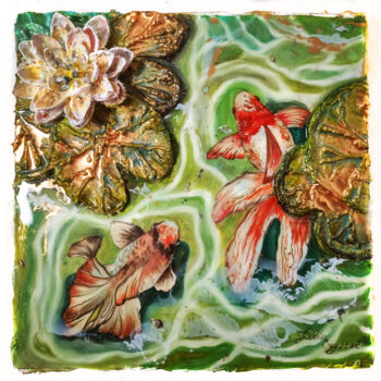 Картина под названием "Water lilies and go…" - Julia Crystal, Подлинное произведение искусства, Масло