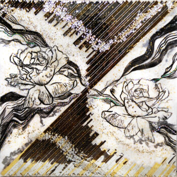 Картина под названием "White roses and bla…" - Julia Crystal, Подлинное произведение искусства, Акрил Установлен на Деревянн…