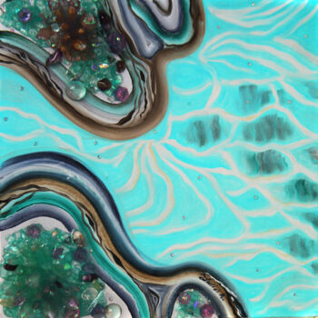 「Blue lagoon and azu…」というタイトルの絵画 Julia Crystalによって, オリジナルのアートワーク, 樹脂 ウッドストレッチャーフレームにマウント