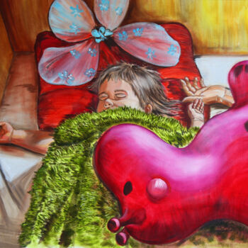 Painting titled "The baby is sleepin…" by Julia Crystal, Original Artwork, Oil Mounted on Wood Stretcher frame