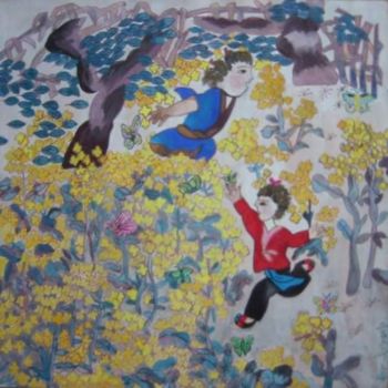 Painting titled "spring children" by Julia Feng, Original Artwork, Oil