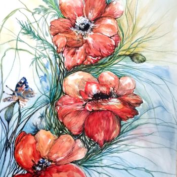 Peinture intitulée "Mohn" par Julia Filipchuk, Œuvre d'art originale, Encre