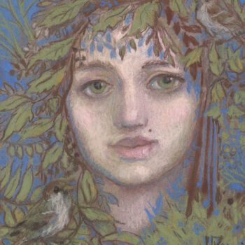 Malerei mit dem Titel "Sparrow Lady, Fanta…" von Julia Khoroshikh, Original-Kunstwerk, Pastell