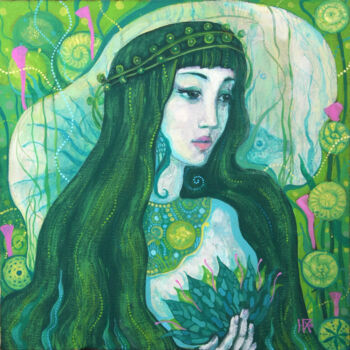 Peinture intitulée "Green Mermaid, Surr…" par Julia Khoroshikh, Œuvre d'art originale, Acrylique