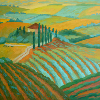 Peinture intitulée "Vineyards of Tuscan…" par Julia Logunova, Œuvre d'art originale, Huile