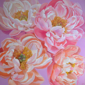 Peinture intitulée "Pink Peonies Large…" par Julia Logunova, Œuvre d'art originale, Huile