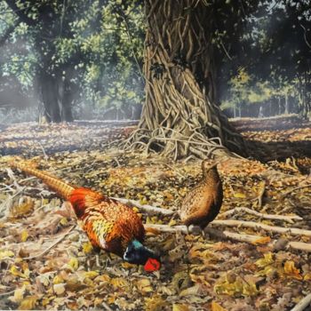 Painting titled "Woodland Pheasants" by Julian Wheat, Original Artwork, Acrylic