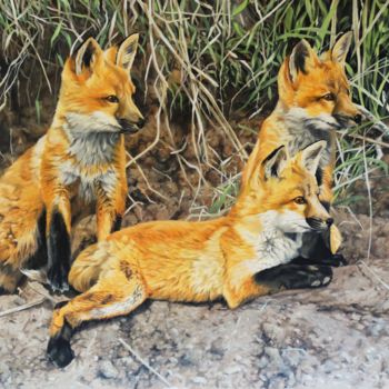 Schilderij getiteld "Patient Fox cubs" door Julian Wheat, Origineel Kunstwerk, Acryl