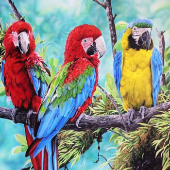 Peinture intitulée "Scarlet Macaws and…" par Julian Wheat, Œuvre d'art originale, Acrylique