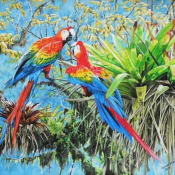 Schilderij getiteld "Scarlet Macaws and…" door Julian Wheat, Origineel Kunstwerk, Acryl