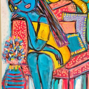 Painting titled "Esperando o amor ch…" by Juliana Rabelo Arte Naif, Original Artwork, Acrylic Mounted on Wood Stretcher frame