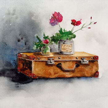 Painting titled "Suitcase mood" by Juliaresha, Original Artwork, Watercolor