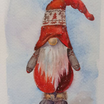 Картина под названием "Christmas gnome" - Juliaresha, Подлинное произведение искусства, Акварель