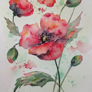 Peinture intitulée "Poppy branch" par Juliaresha, Œuvre d'art originale, Aquarelle