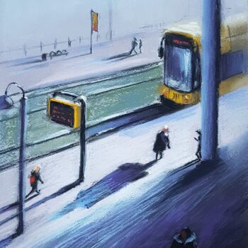 Schilderij getiteld "At the tram stop" door Julia Suptel, Origineel Kunstwerk, Pastel