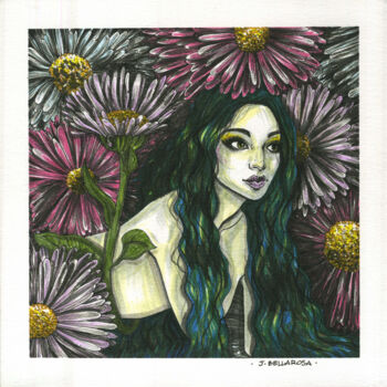 Drawing titled "Mermaid in flowers" by Julie Bellarosa, Original Artwork, Pigments Mounted on Wood Panel