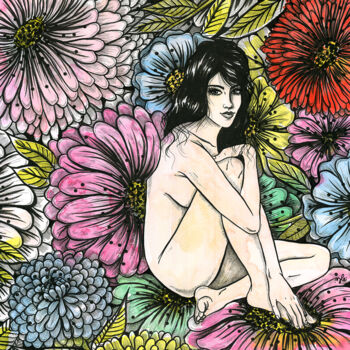 Desenho intitulada "Femme Fleurs" por Julie Bellarosa, Obras de arte originais, Pigmentos Montado em Painel de madeira