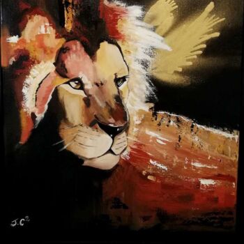 Painting titled "Lion flamboyant" by Julie Coudret Carrasco, Original Artwork, Oil Mounted on Wood Stretcher frame