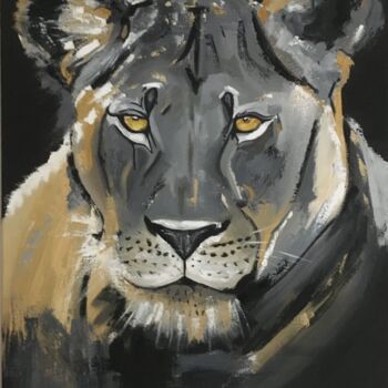 Painting titled "LIONNE" by Julie Coudret Carrasco, Original Artwork, Oil Mounted on Wood Stretcher frame