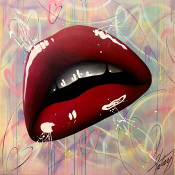 Ζωγραφική με τίτλο "Glossy Lips" από Julie Galiay, Αυθεντικά έργα τέχνης, Ακρυλικό Τοποθετήθηκε στο Ξύλινο φορείο σκελετό