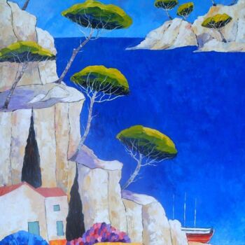 Painting titled "Calanques bleus" by Julie Pioch, Original Artwork, Oil