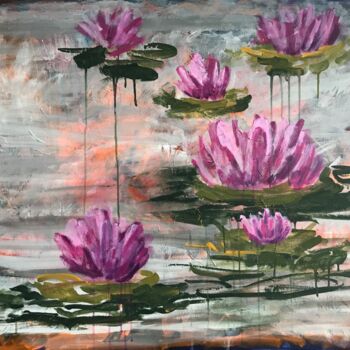 Painting titled "Water lilies" by Julie Stepanova, Original Artwork, Acrylic Mounted on Wood Stretcher frame
