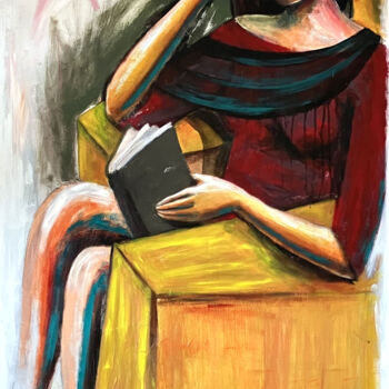 Peinture intitulée "La liseuse" par Julie Vandeputte, Œuvre d'art originale, Huile Monté sur Châssis en bois