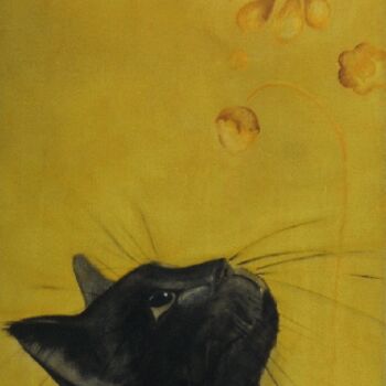 Painting titled "Le chat et la plume…" by Julie Ellama Clerc, Original Artwork, Oil