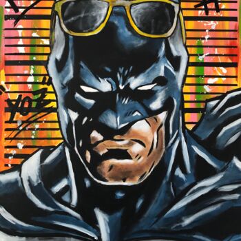 「Batman très Fun #1」というタイトルの絵画 Julien Antoine (YOZ)によって, オリジナルのアートワーク, アクリル ウッドストレッチャーフレームにマウント