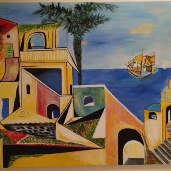 Painting titled "Paesaggio marino" by Julienne Julie, Original Artwork, Acrylic Mounted on Wood Stretcher frame