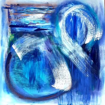 「Ondulation bleue」というタイトルの絵画 Julie Verhagueによって, オリジナルのアートワーク, アクリル ウッドストレッチャーフレームにマウント