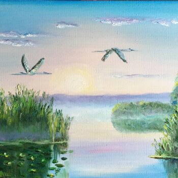 Painting titled "Cranes" by Iuliia Klimenkova, Original Artwork, Oil