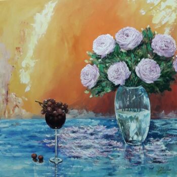 Painting titled "Flores e vinho" by Julio Cesar, Original Artwork, Acrylic