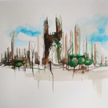 Painting titled "Green city4" by Julien Jomard, Original Artwork, Oil