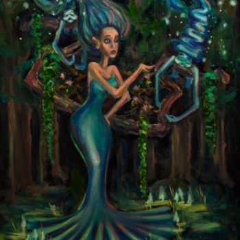 Картина под названием "лесная фея" - Julynaym, Подлинное произведение искусства, Масло Установлен на Деревянная рама для нос…