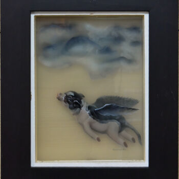 Картина под названием "a flying pig" - Junyi Wang, Подлинное произведение искусства, Масло Установлен на Деревянная панель