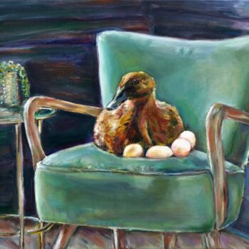 Painting titled "Duck At Home. Bird…" by Jura Kuba, Original Artwork, Oil Mounted on Wood Stretcher frame