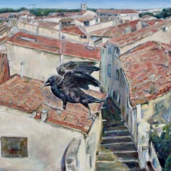 Painting titled "Crow On the Roof, C…" by Jura Kuba, Original Artwork, Oil Mounted on Wood Stretcher frame