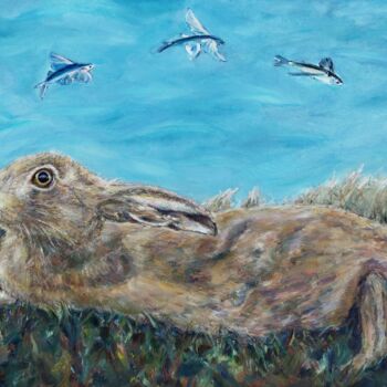 Painting titled "Hare At The Sea And…" by Jura Kuba, Original Artwork, Oil Mounted on Wood Stretcher frame