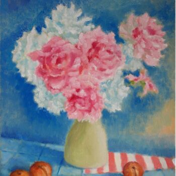 Schilderij getiteld "Peonies 3" door Juri Semjonov, Origineel Kunstwerk, Olie Gemonteerd op Frame voor houten brancard