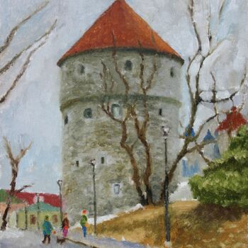 Schilderij getiteld "Old Tallinn Kiek In…" door Juri Semjonov, Origineel Kunstwerk, Olie Gemonteerd op Karton